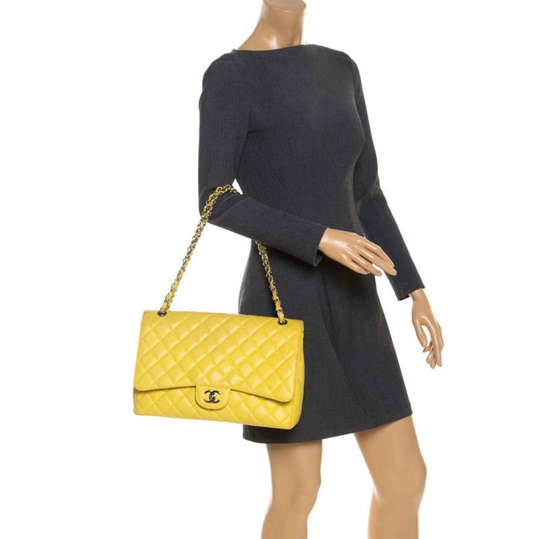 Chanel Yellow Quilted Caviar Leather Maxi Classic Single Flap Bag For