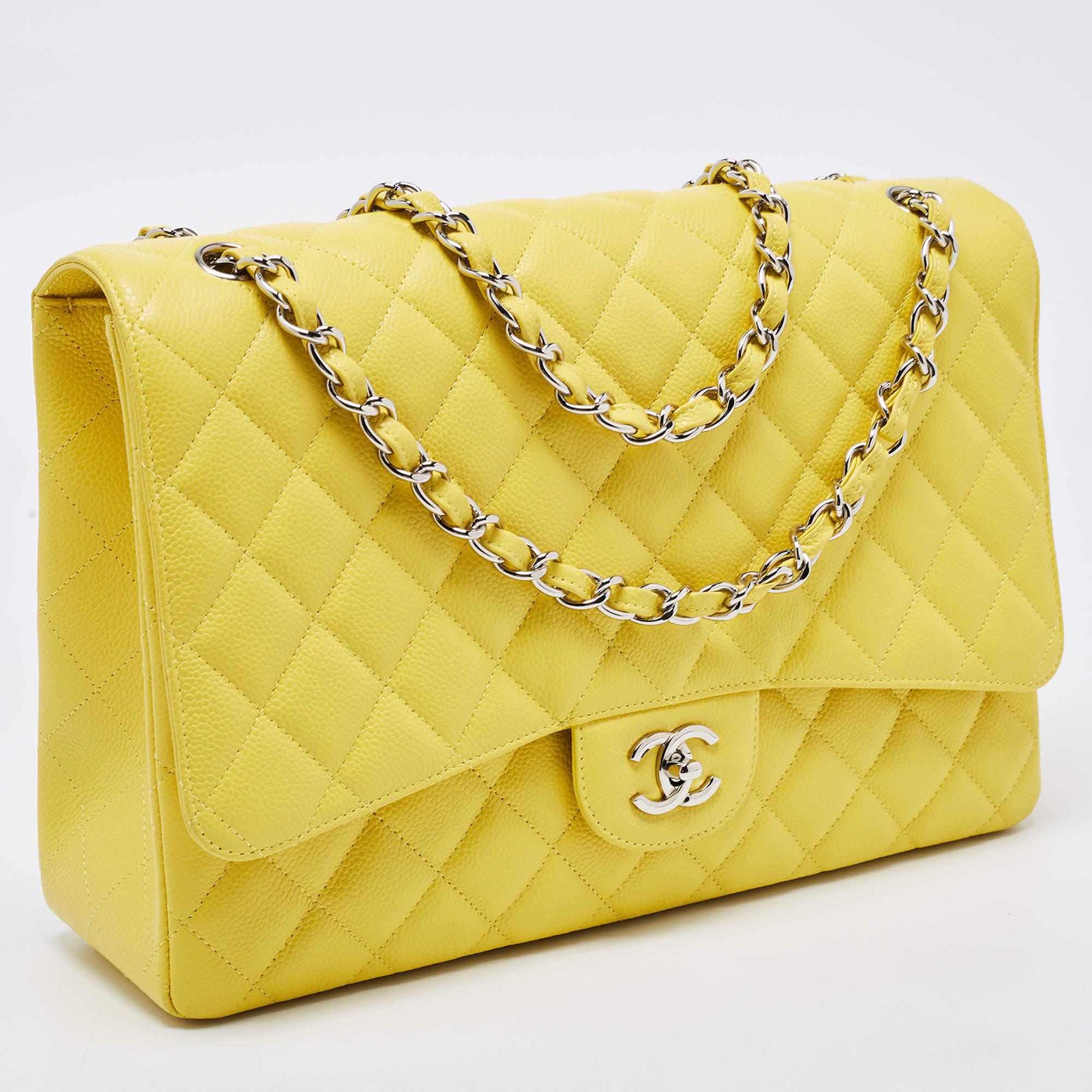 Chanel Yellow Quilted Caviar Leather Maxi Classic Single Flap Bag In Good Condition In Dubai, Al Qouz 2