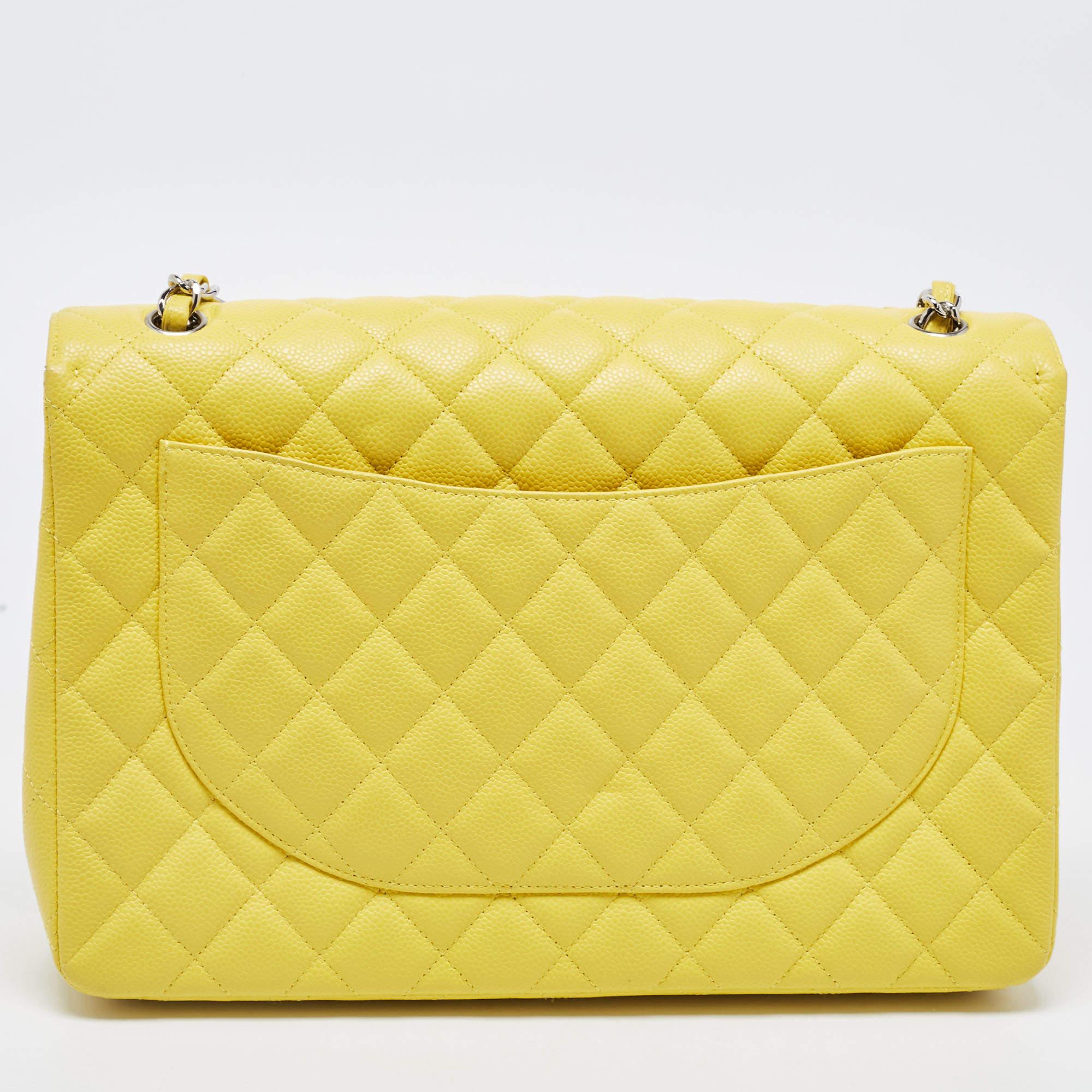 Women's Chanel Yellow Quilted Caviar Leather Maxi Classic Single Flap Bag