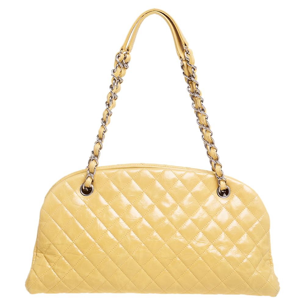 Chanel Yellow Quilted Crackled Leather Medium Just Mademoiselle Bowling Bag  at 1stDibs