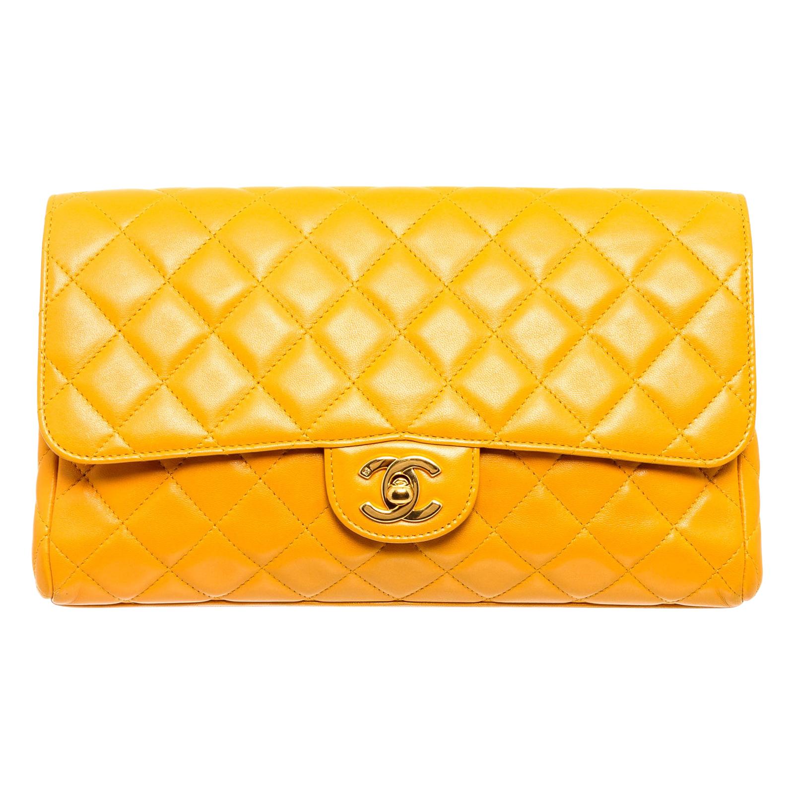 Chanel Yellow Quilted Leather Flap Clutch Bag