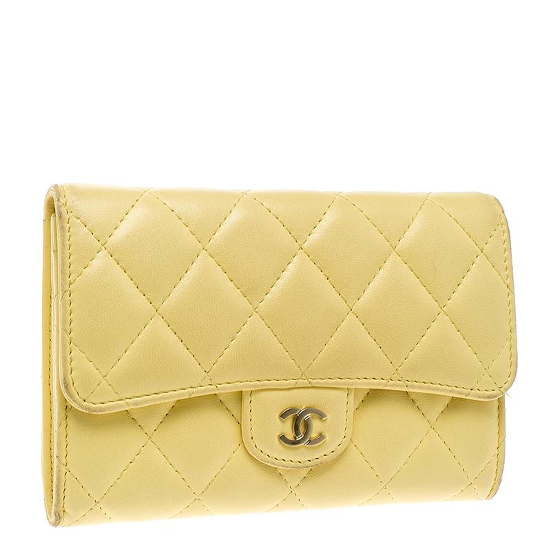 Beige Chanel Yellow Quilted Leather Flap Wallet