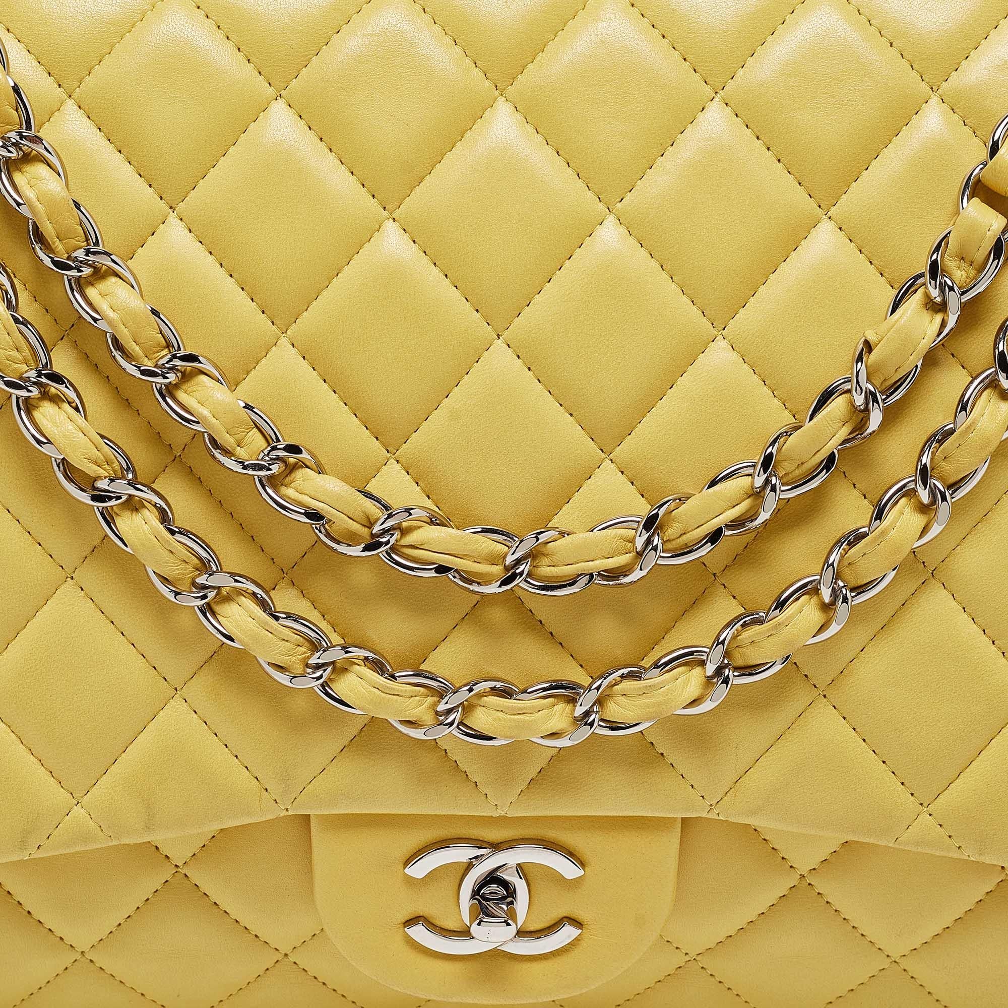 Chanel Yellow Quilted Leather Maxi Classic Single Flap Bag For Sale 1
