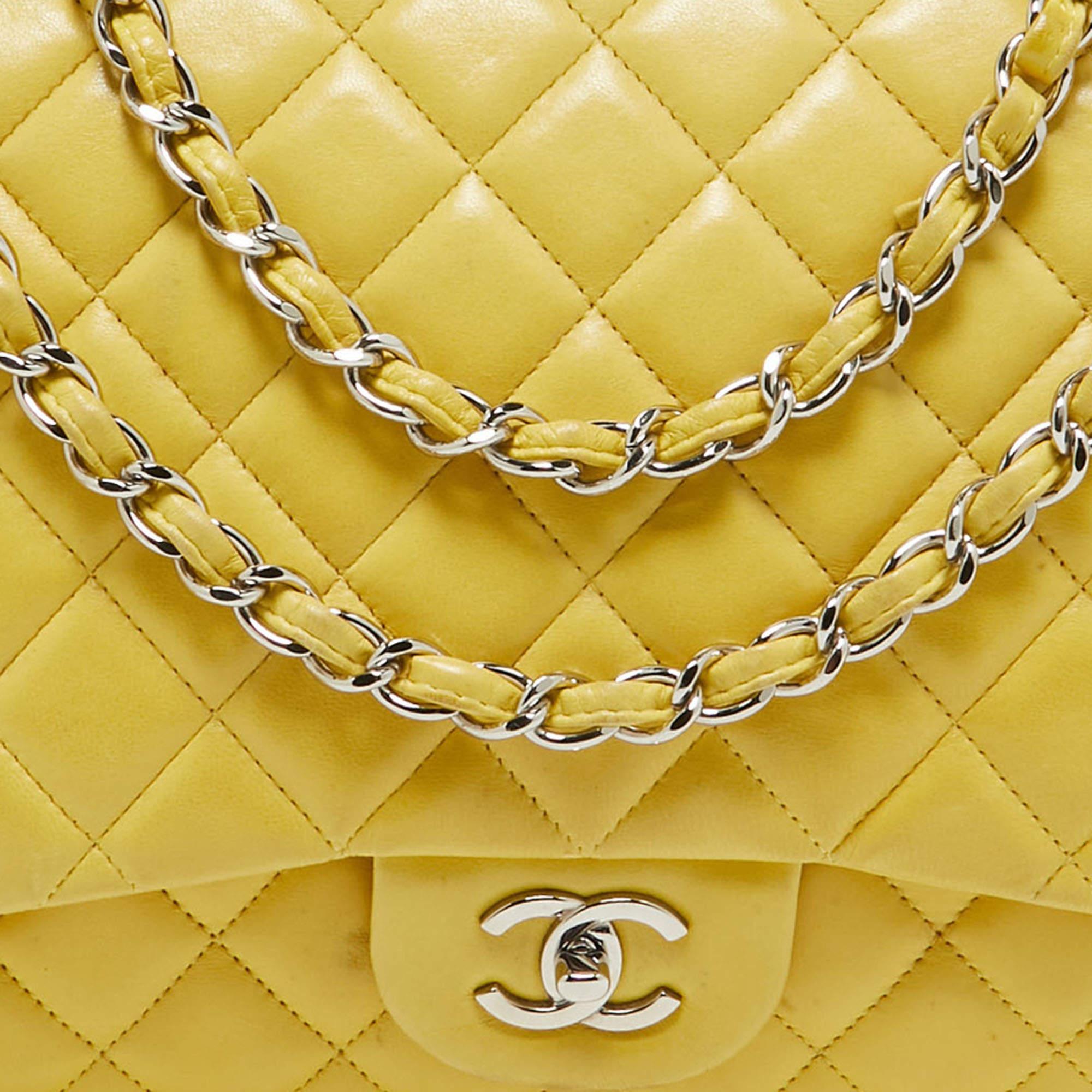 Chanel Yellow Quilted Leather Maxi Classic Single Flap Bag For Sale 3