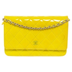Chanel Yellow Quilted Patent Leather CC Wallet on Chain