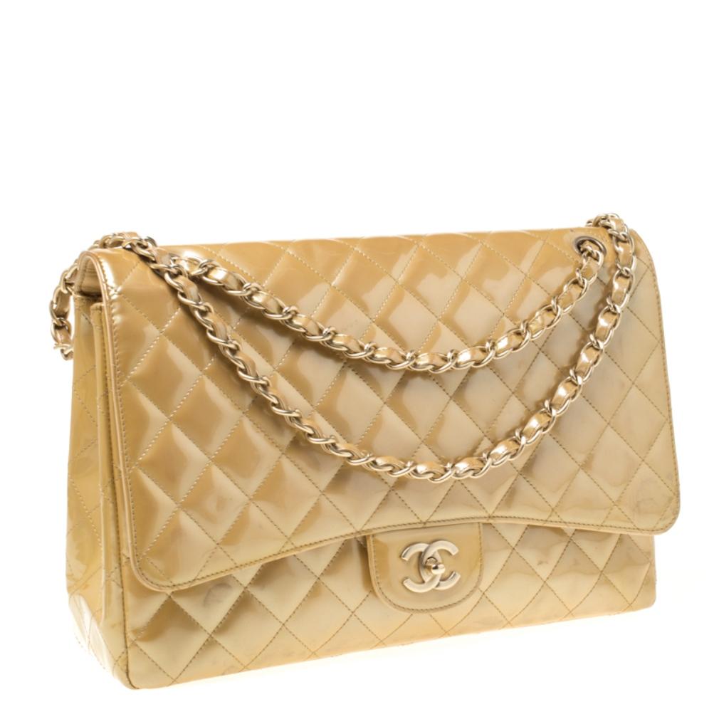 Women's Chanel Yellow Quilted Patent Leather Maxi Classic Single Flap Bag