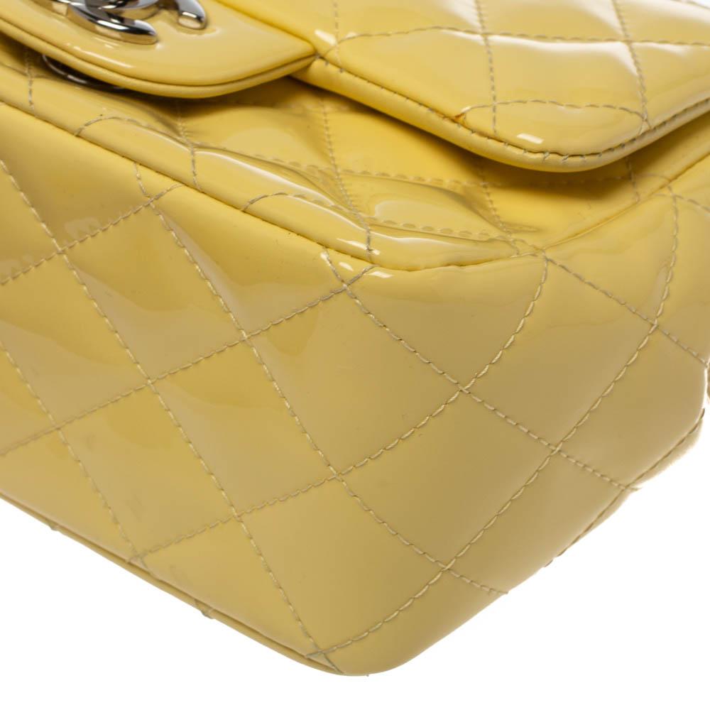 Beige Chanel Yellow Quilted Patent Leather Mini Square Flap Bag
