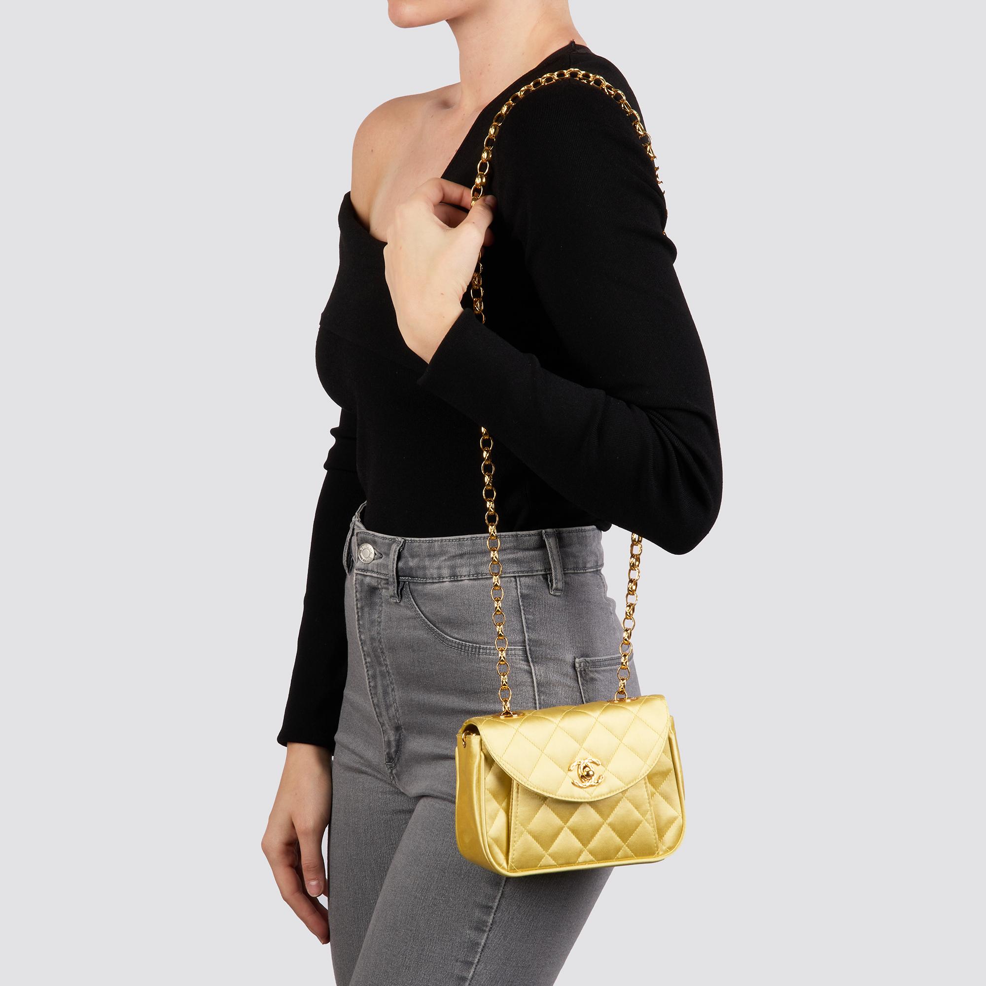 CHANEL Yellow Quilted Satin Vintage Mini Flap Bag For Sale 9