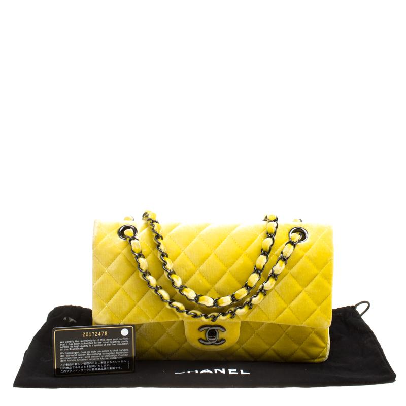 Chanel Yellow Quilted Velvet Medium Classic Double Flap Bag 6