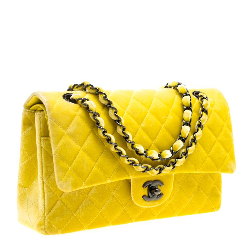 Chanel Yellow Quilted Velvet Medium Classic Double Flap Bag In Excellent Condition In Dubai, Al Qouz 2