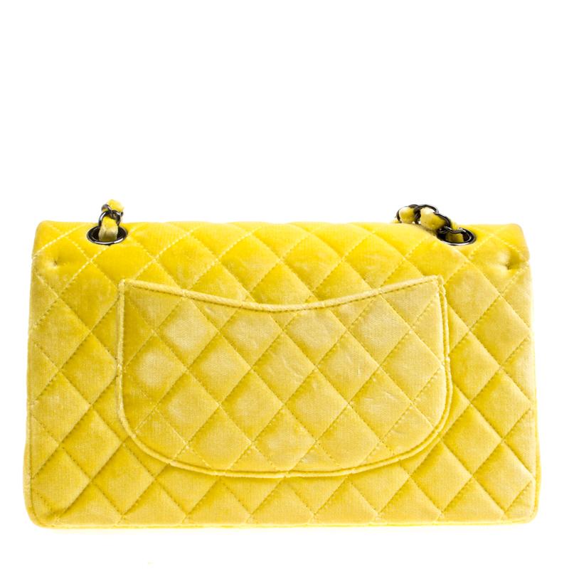 Women's Chanel Yellow Quilted Velvet Medium Classic Double Flap Bag