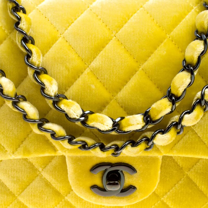 Chanel Yellow Quilted Velvet Medium Classic Double Flap Bag 1