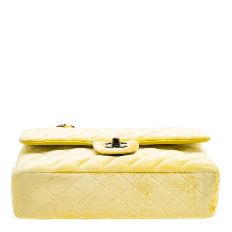 Chanel Yellow Quilted Velvet Medium Classic Double Flap Bag 3