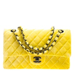 Chanel Yellow Quilted Velvet Medium Classic Double Flap Bag