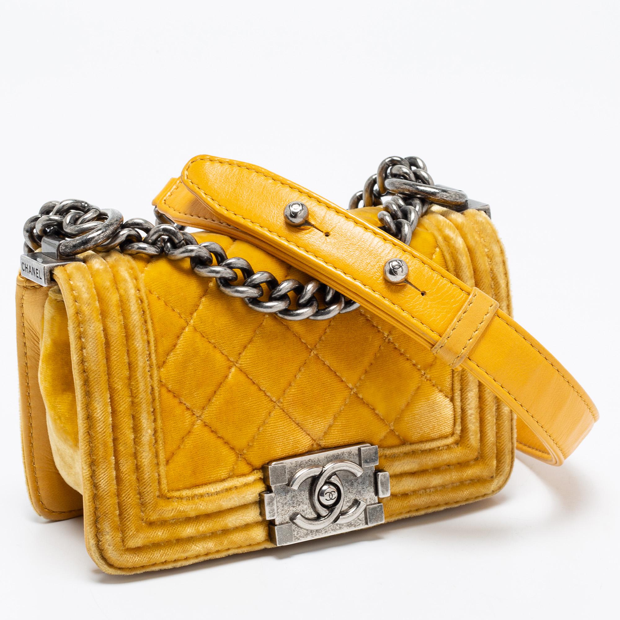 Women's Chanel Yellow Quilted Velvet Mini Boy Flap Bag