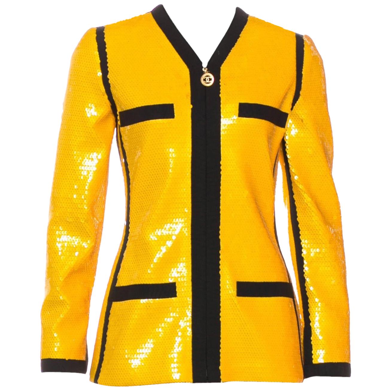Chanel Jacket SCUBA Yellow Sequin Jacket**RARE**w/ Large CC Buttons** SZ 36