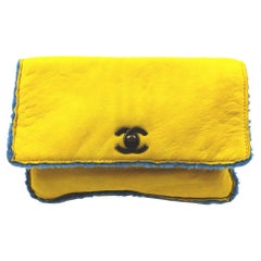 Vintage Chanel Yellow Shearling Mouton CC Turnlock Classic Flap Clutch Bag  863046