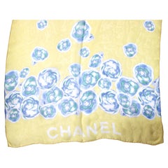Chanel Yellow Sheer Silk Camellia Print Scarf