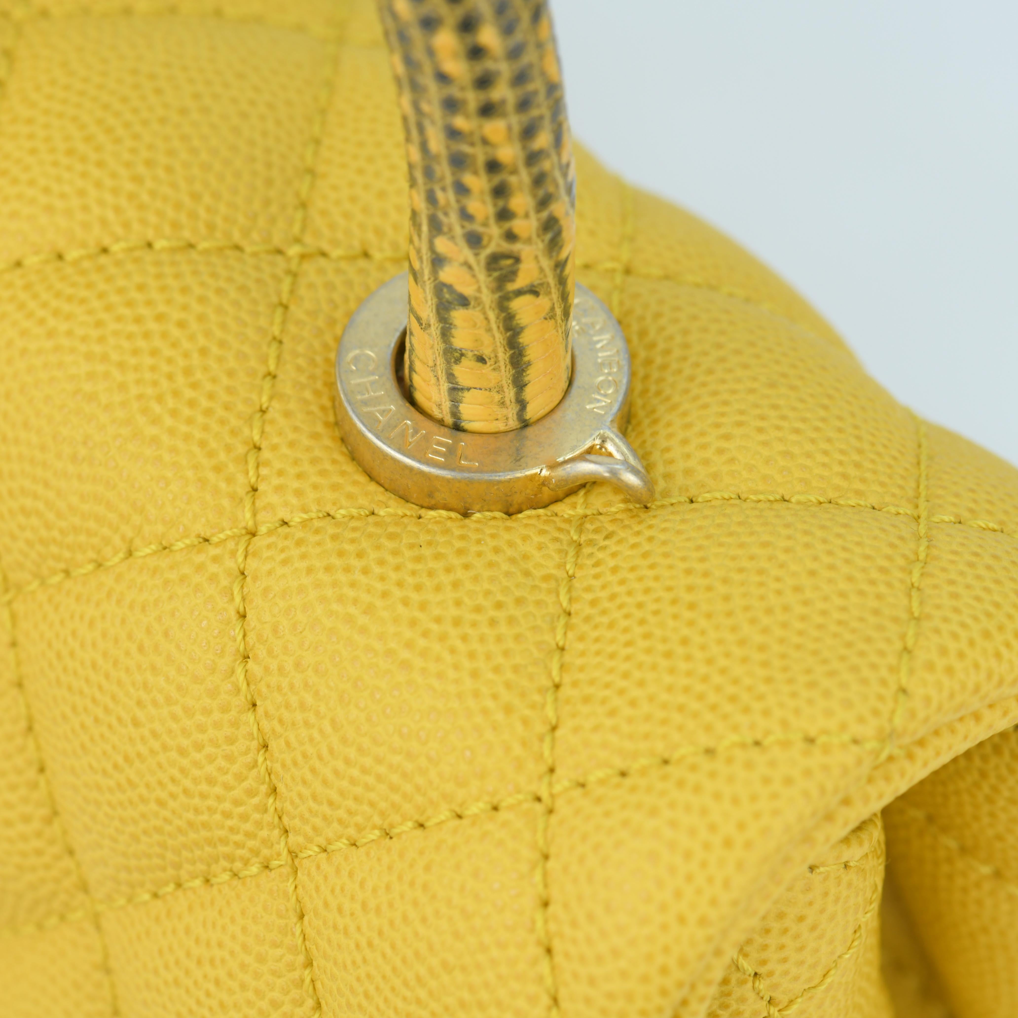 Chanel Yellow Small Canary Caviar Quilted COCO Flap Bag with Lizard Top Handle For Sale 1