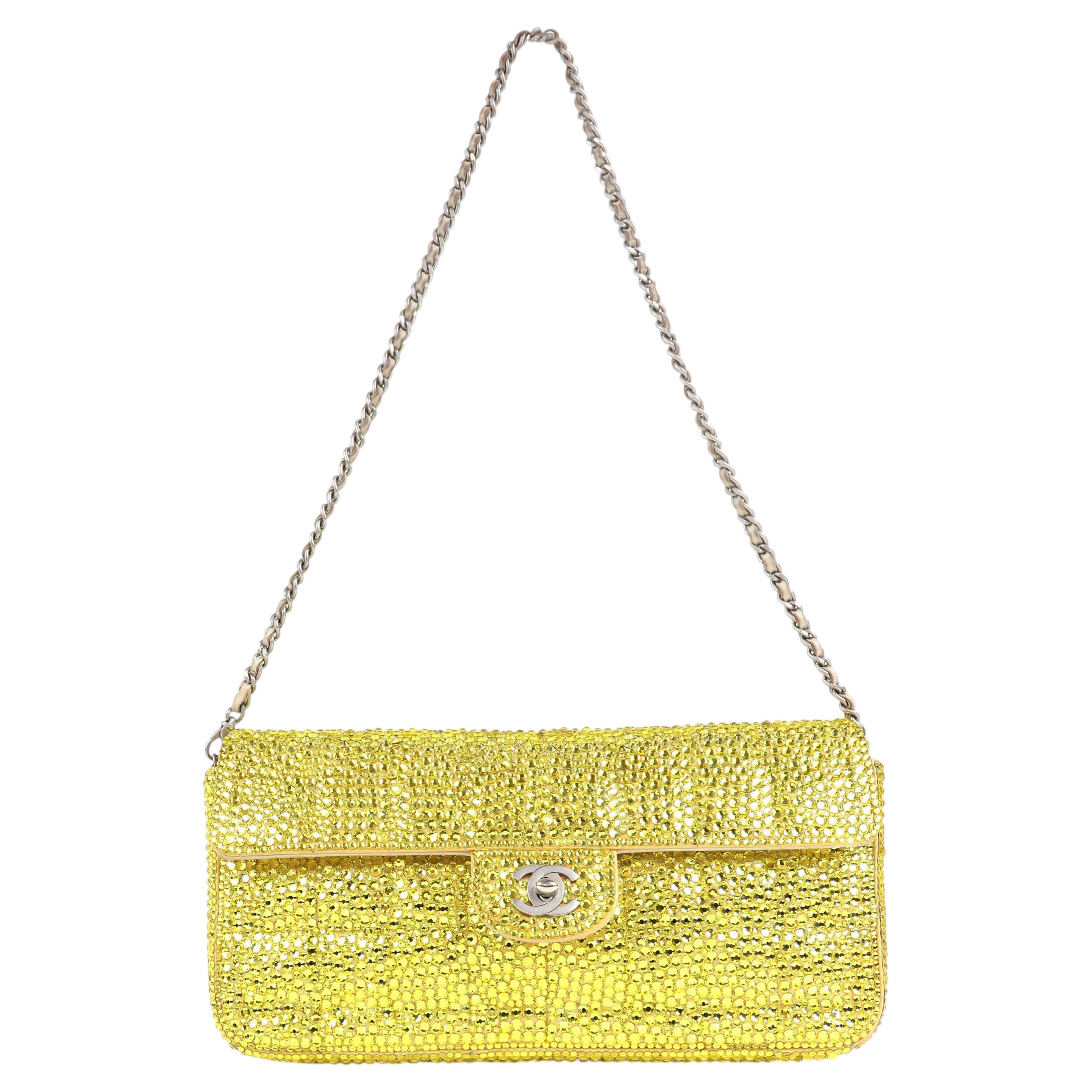 Chanel Medium Classic Embellished Yellow Sparkle Flap Bag with Silver Hardware For Sale
