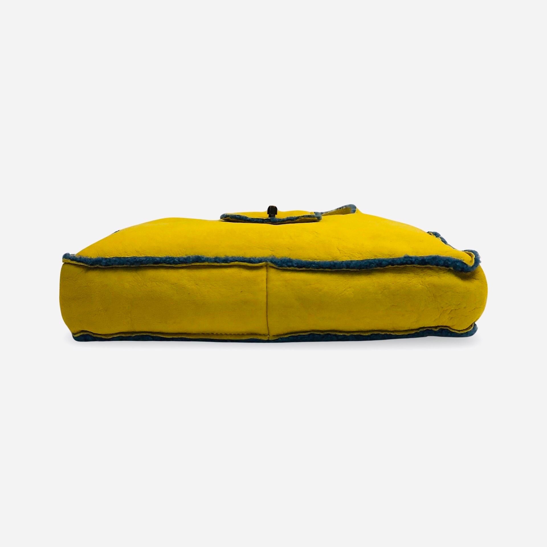Chanel Yellow Suede Shearling Trim CC Turnlock Shoulder Handbag For Sale 2