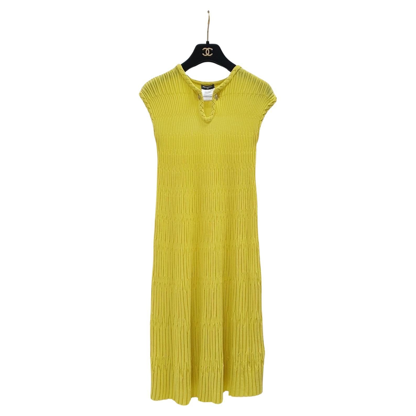 CHANEL Yellow Textured Cotton Jacquard Knit Sleeveless Dress For Sale