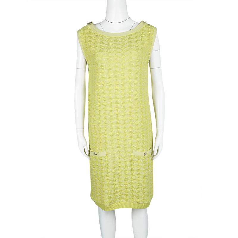Green Chanel Yellow Textured Cotton Jacquard Knit Sleeveless Dress XL