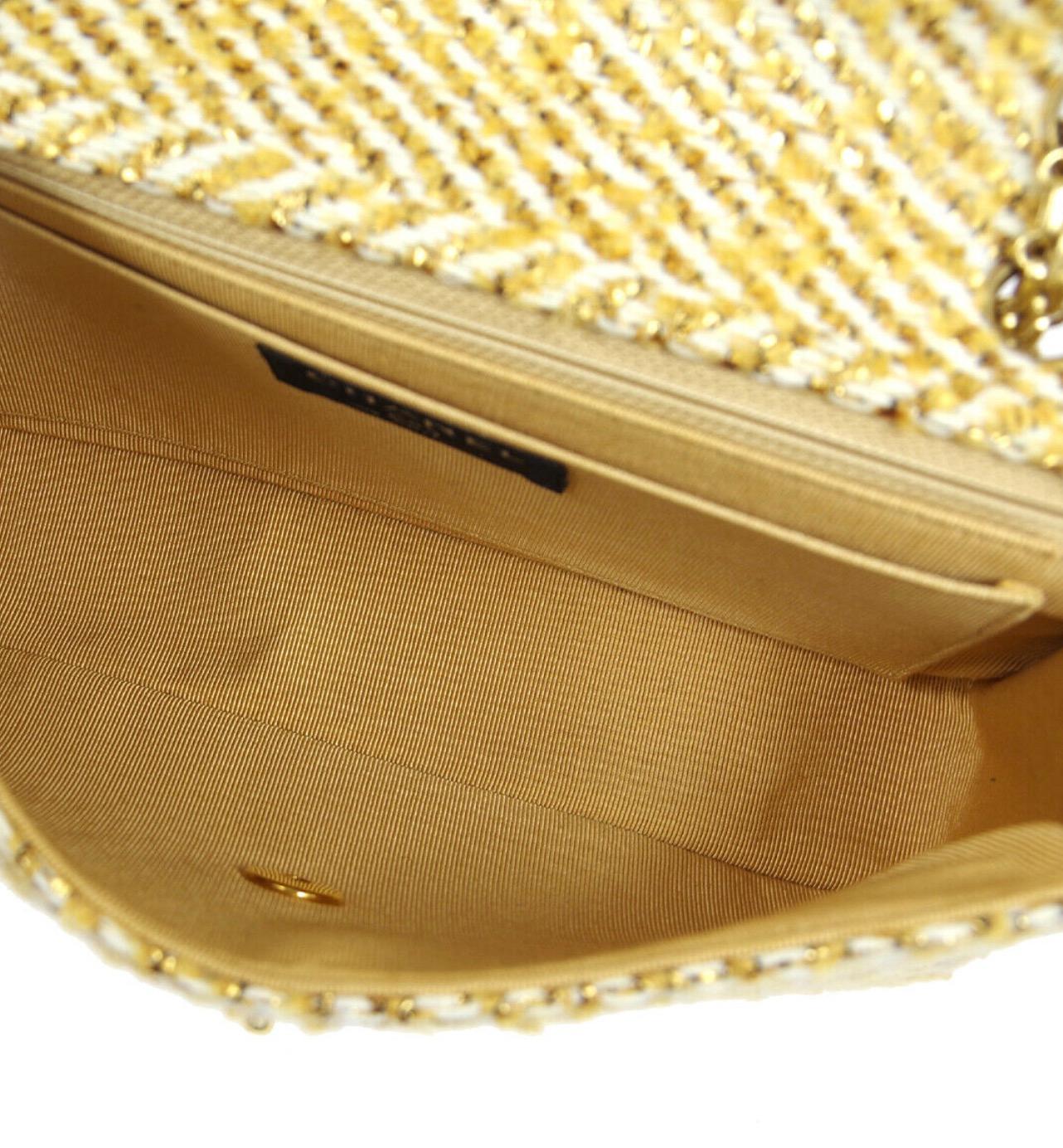 Chanel Yellow Tweed Gold Medium Evening Shoulder Flap Bag in Box In Good Condition In Chicago, IL