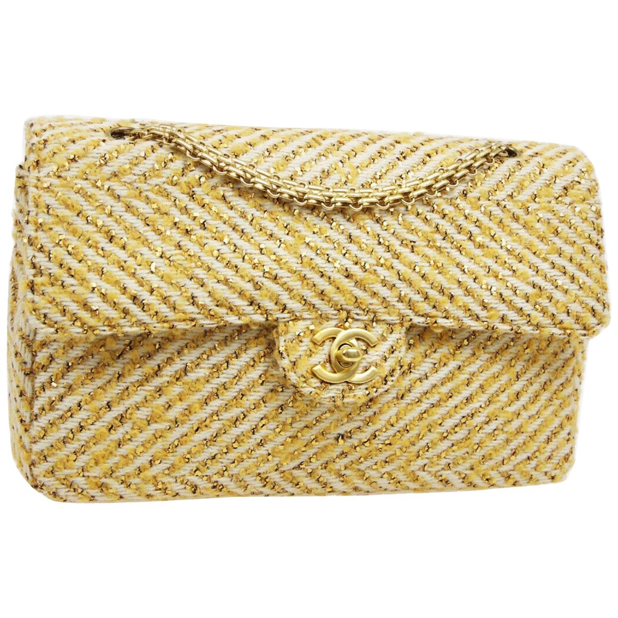 Chanel Yellow Tweed Gold Medium Evening Shoulder Flap Bag in Box