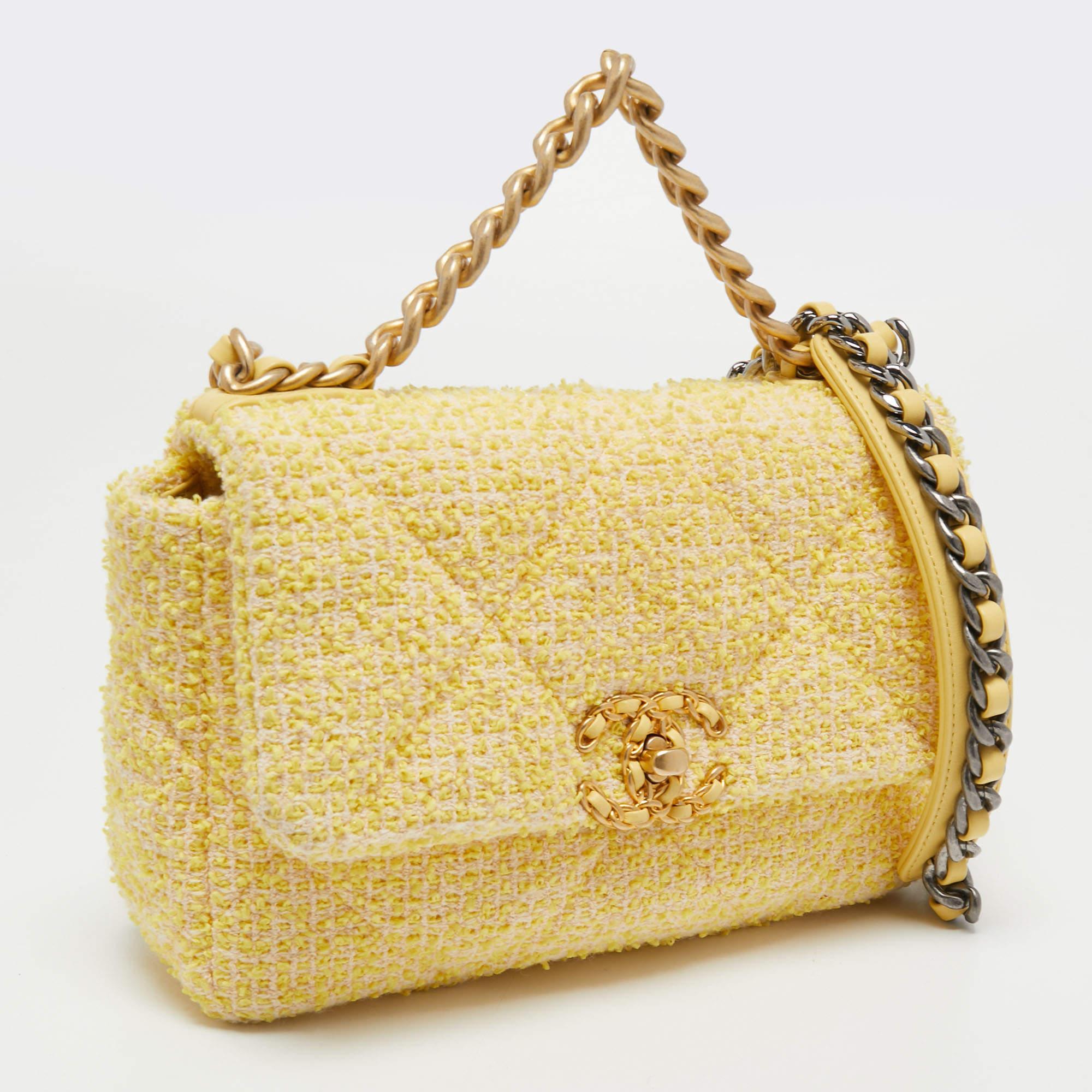 Chanel Yellow Tweed Medium 19 Flap Bag In Good Condition In Dubai, Al Qouz 2