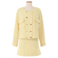 Retro Chanel Yellow Tweed Skirt Suit with Gold Buttons