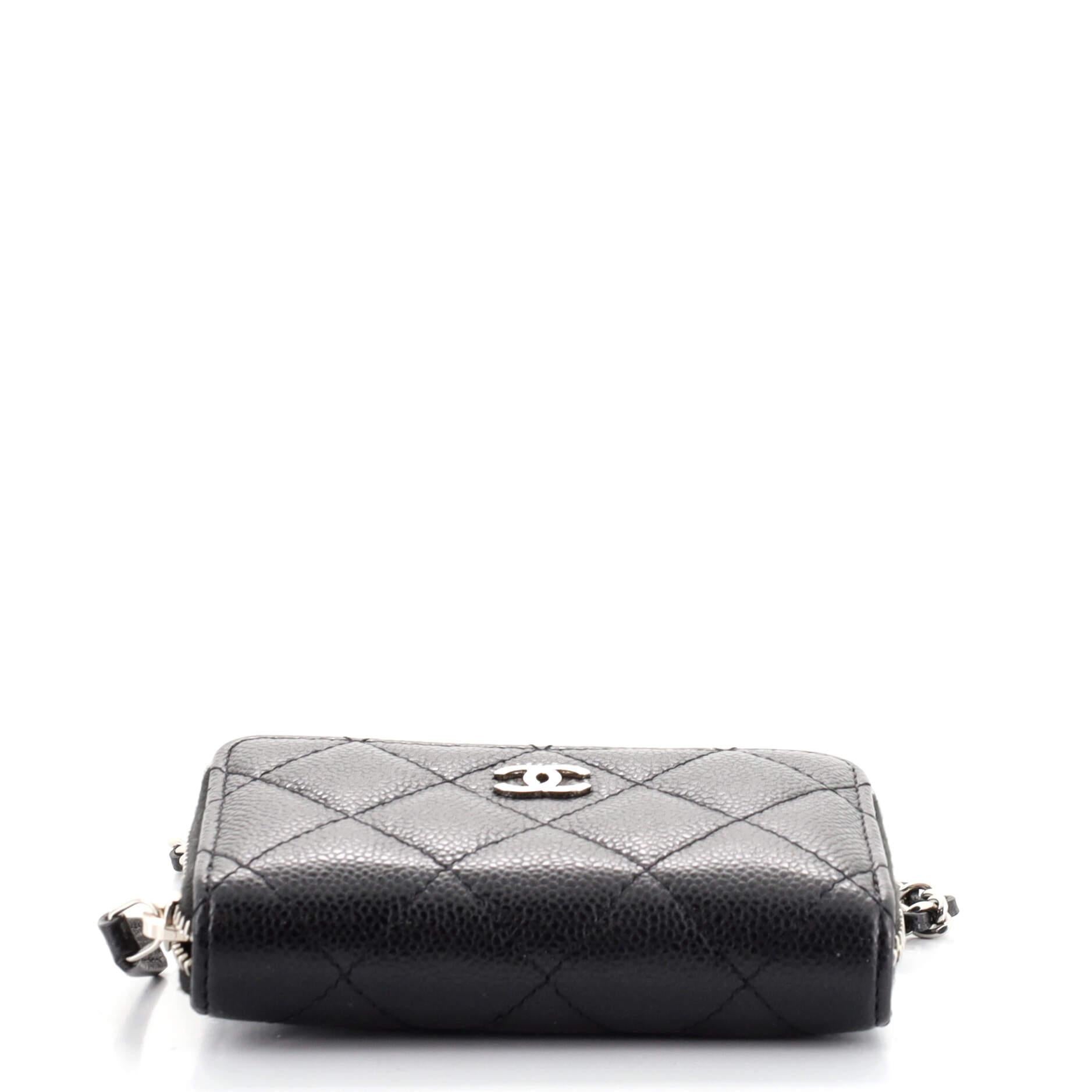 Black Chanel Zip Around Card Holder on Chain Quilted Caviar Mini