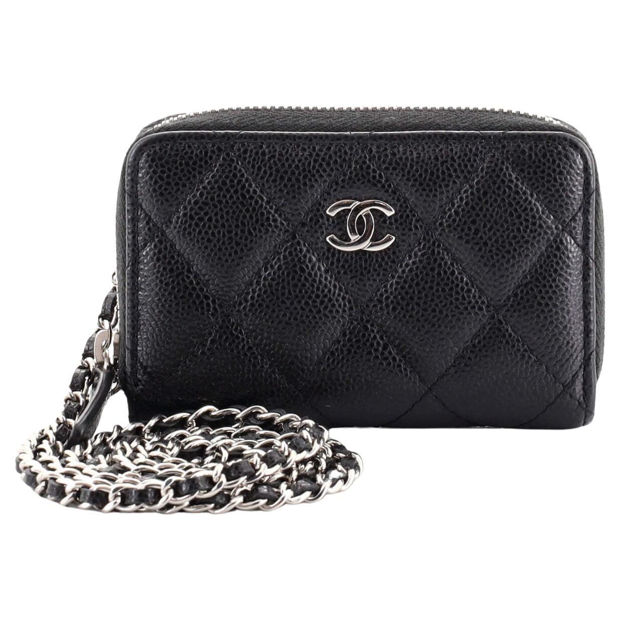 Chanel Zip Around Card Holder on Chain Quilted Caviar Mini at