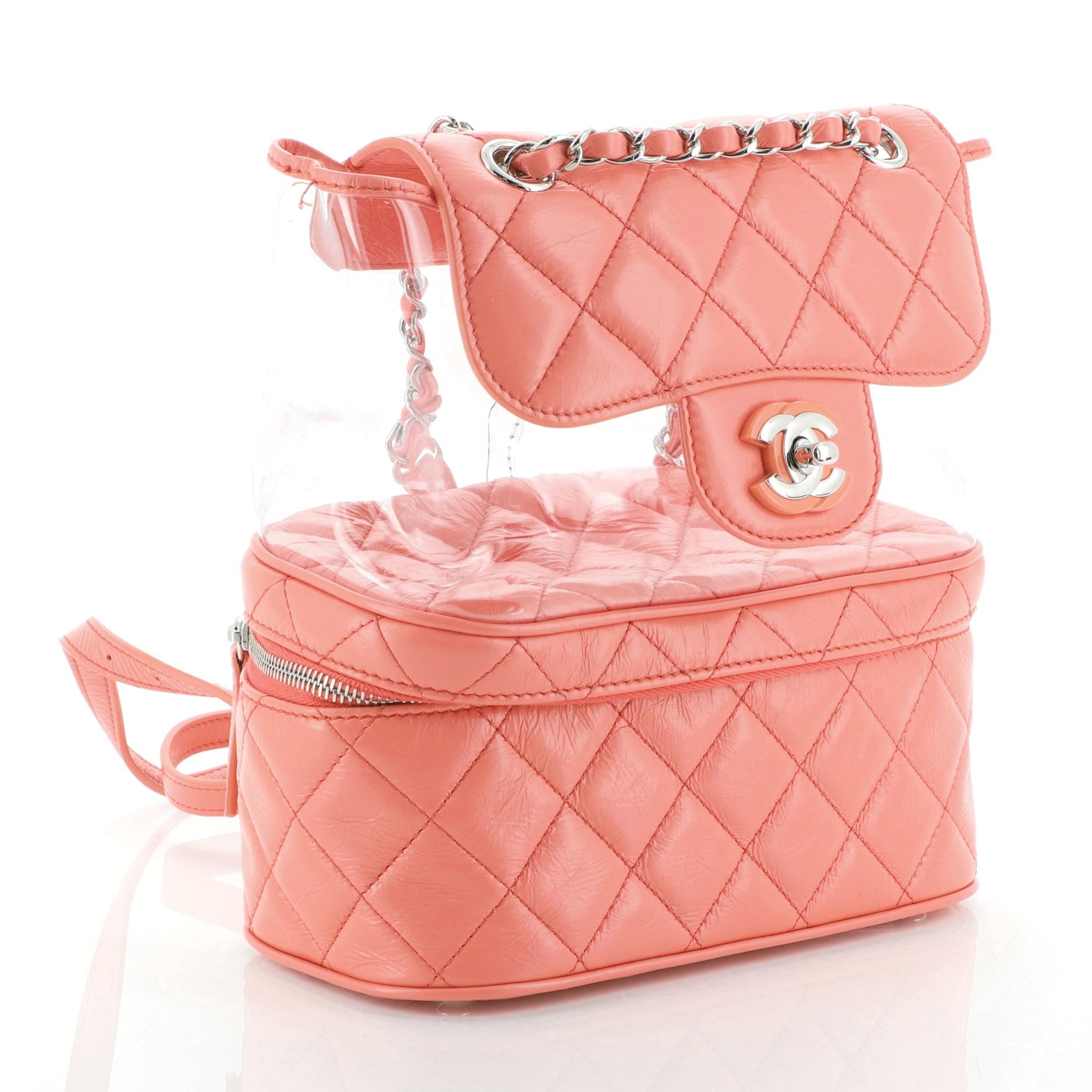 Pink  Chanel Zip Around Flap Backpack Quilted Crumpled Calfskin and PVC Small