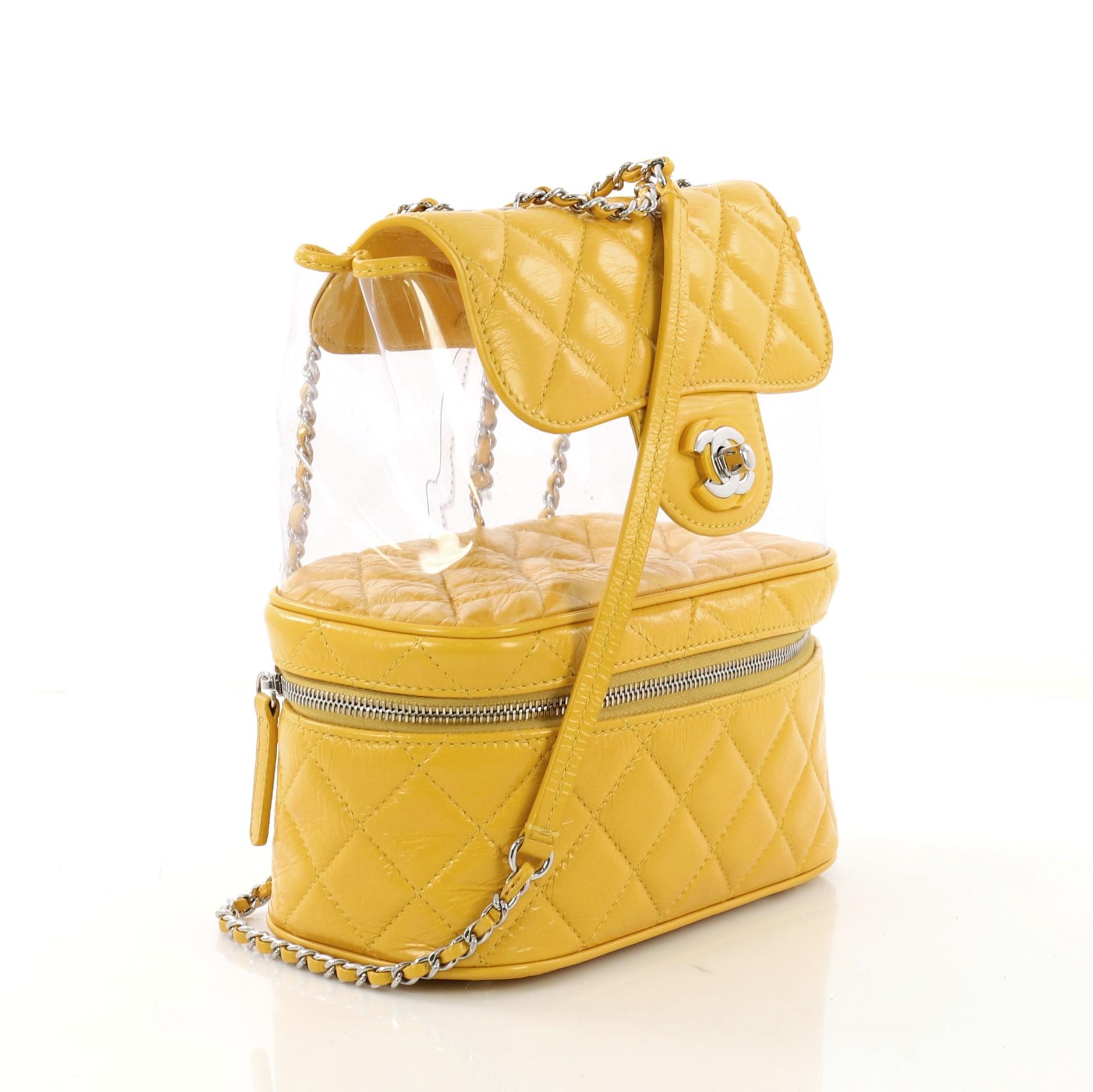 Yellow Chanel Zip around Flap Bag Quilted Crumpled Calfskin and PVC Small