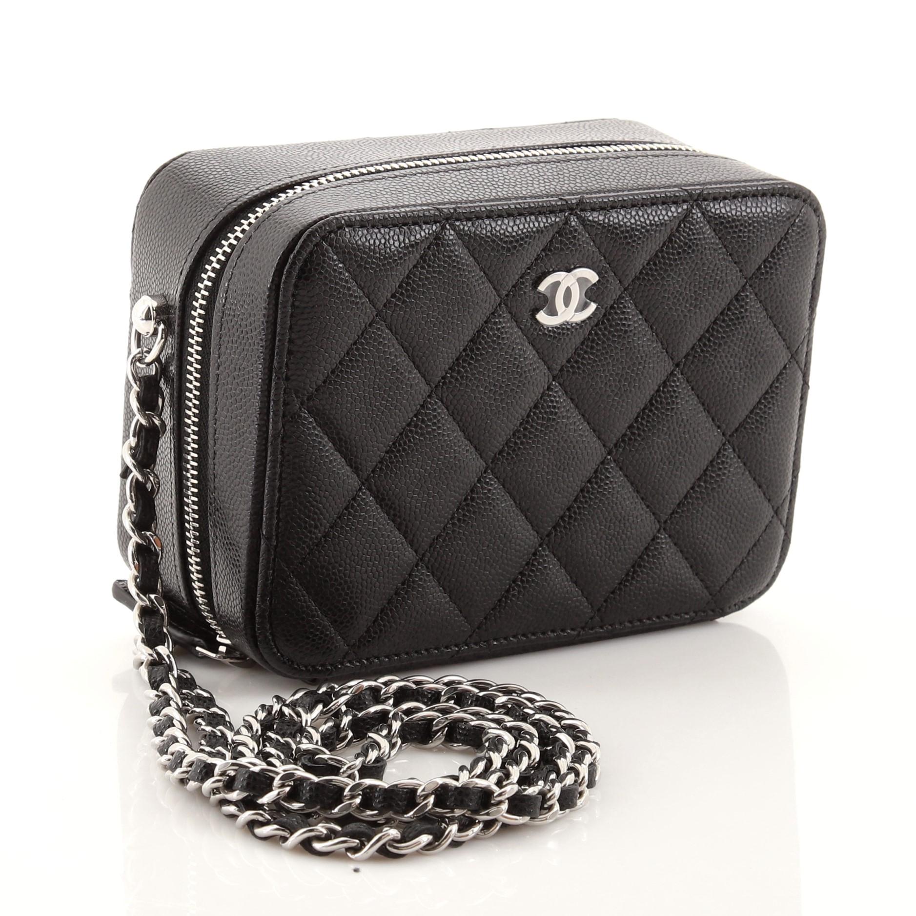 Black Chanel Zip Around Vanity Case with Chain Quilted Caviar Mini