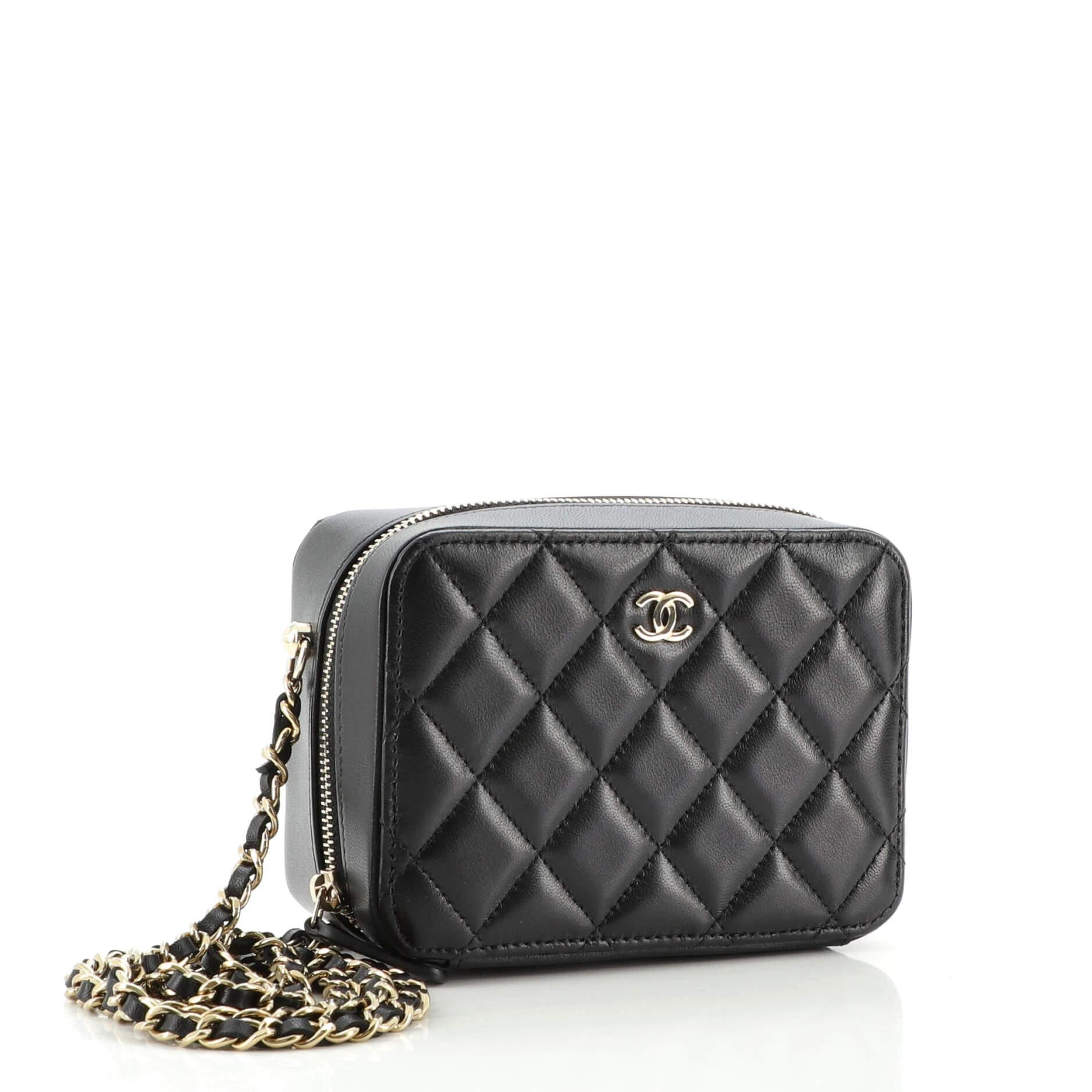 Black Chanel Zip Around Vanity Case with Chain Quilted Lambskin Mini