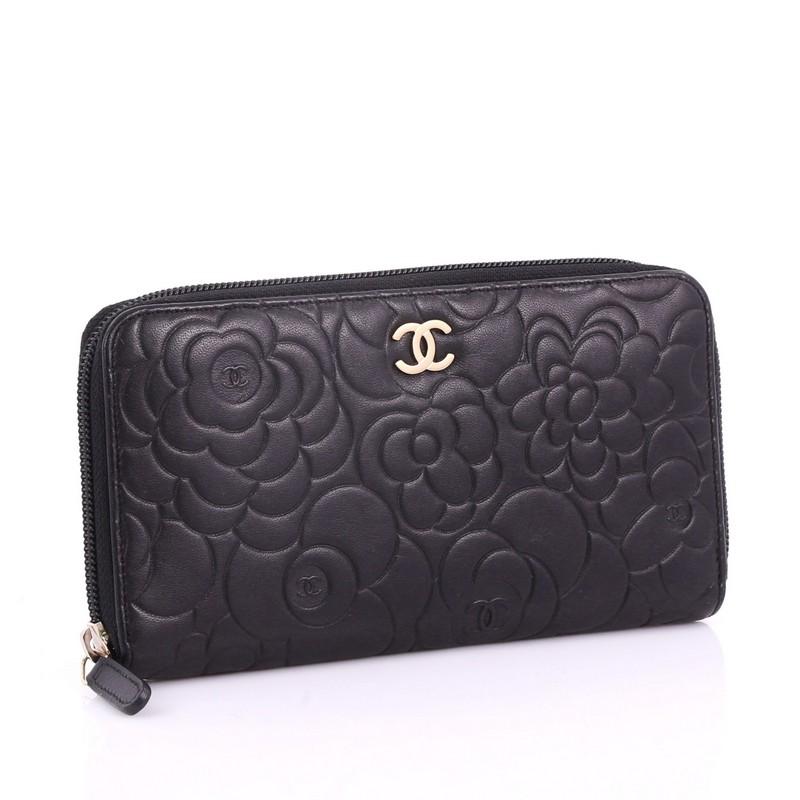 Black Chanel Zip Around Wallet Camellia Lambskin