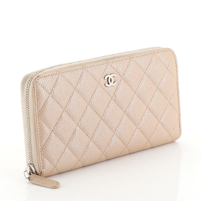 Beige Chanel Zip Around Wallet Quilted Caviar Long