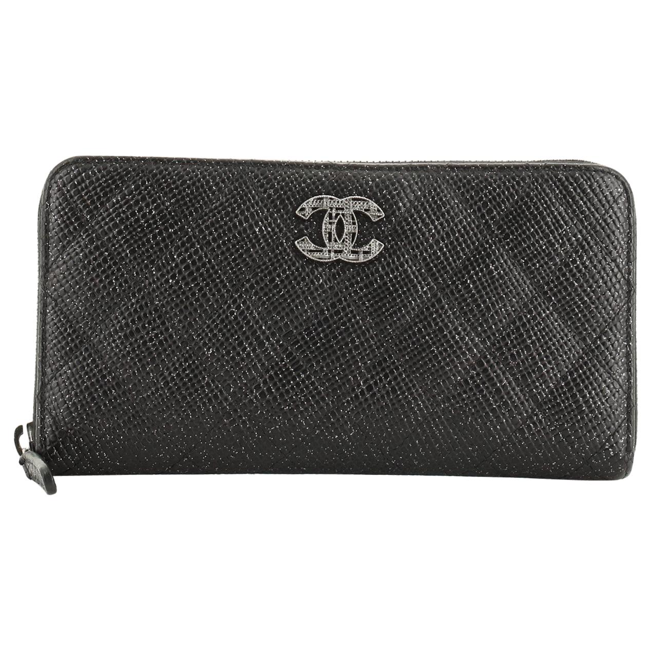Chanel Zip Around Wallet Quilted Glittered Calfskin Long at 1stDibs