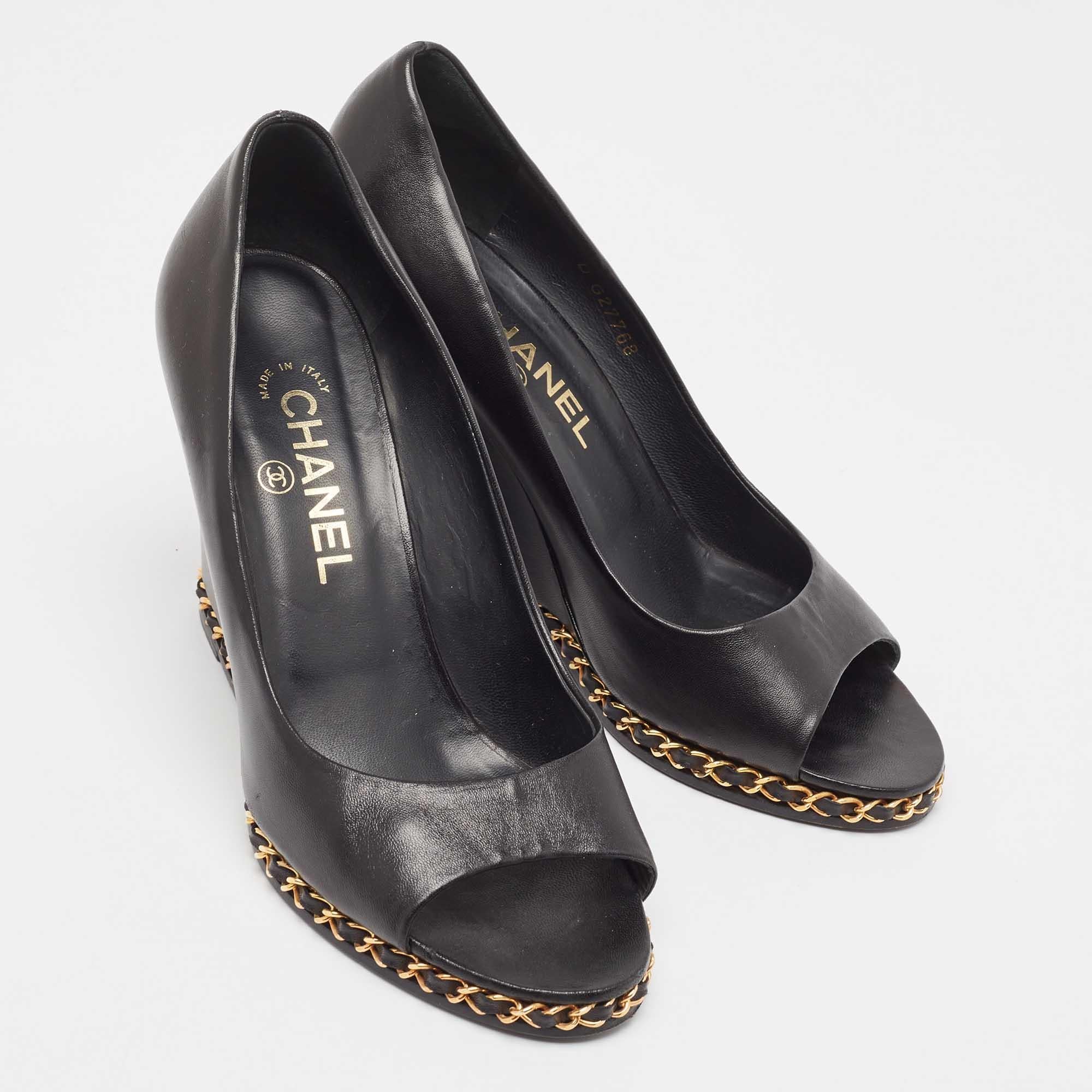 Women's ChanelBlack Leather Chain Me Peep Toe Wedge Pumps Size 39