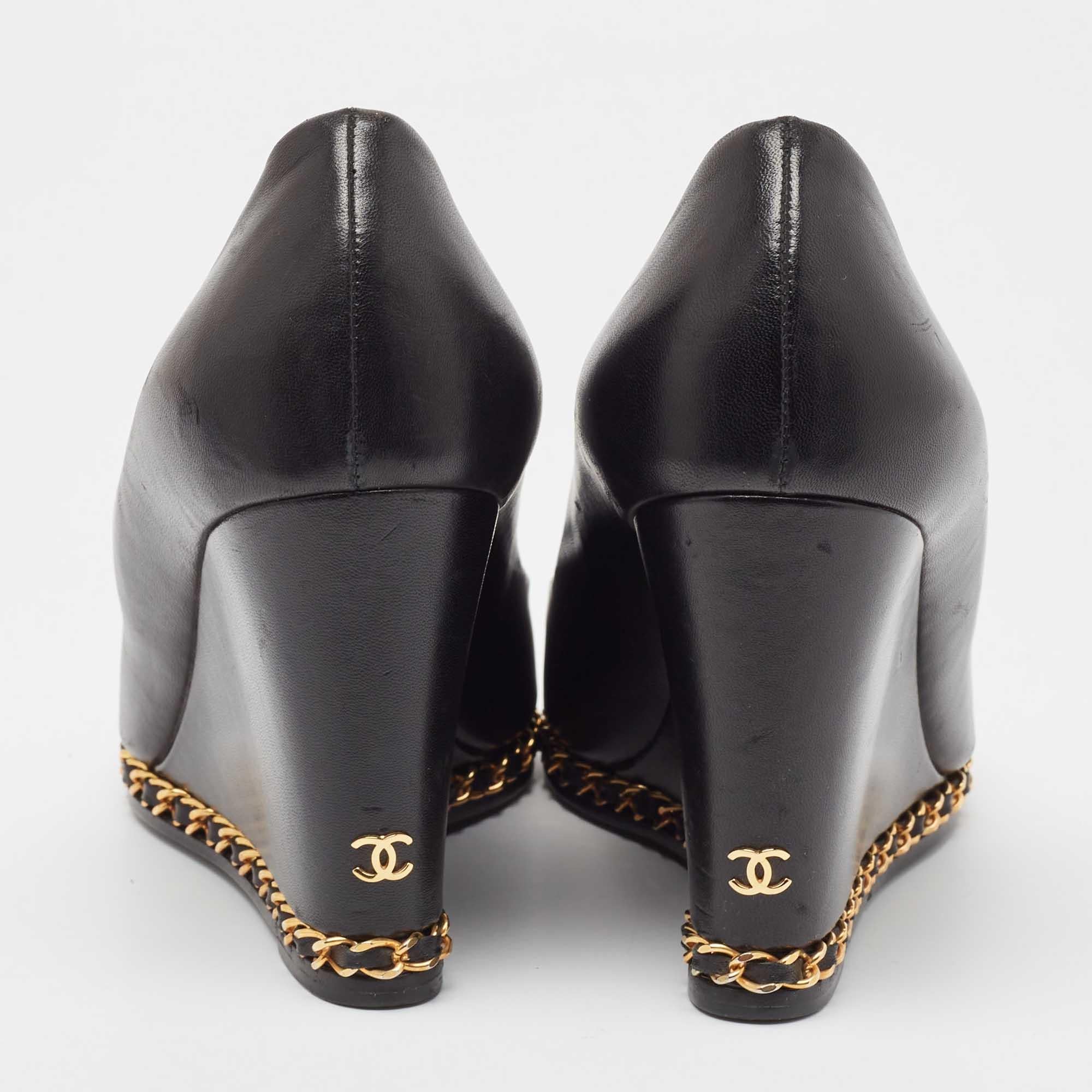 ChanelBlack Leather Chain Me Peep Toe Wedge Pumps Size 39 1