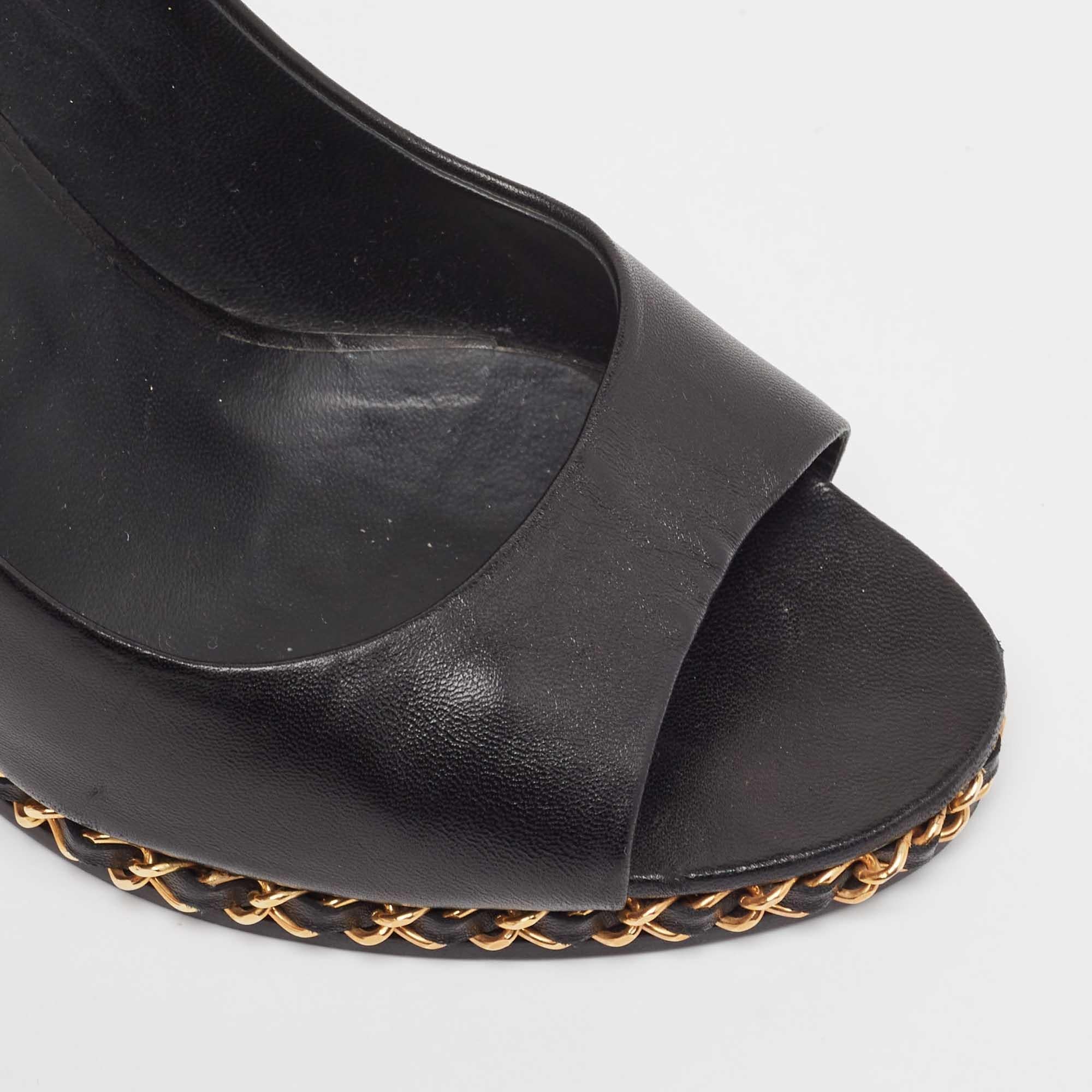 ChanelBlack Leather Chain Me Peep Toe Wedge Pumps Size 39 3