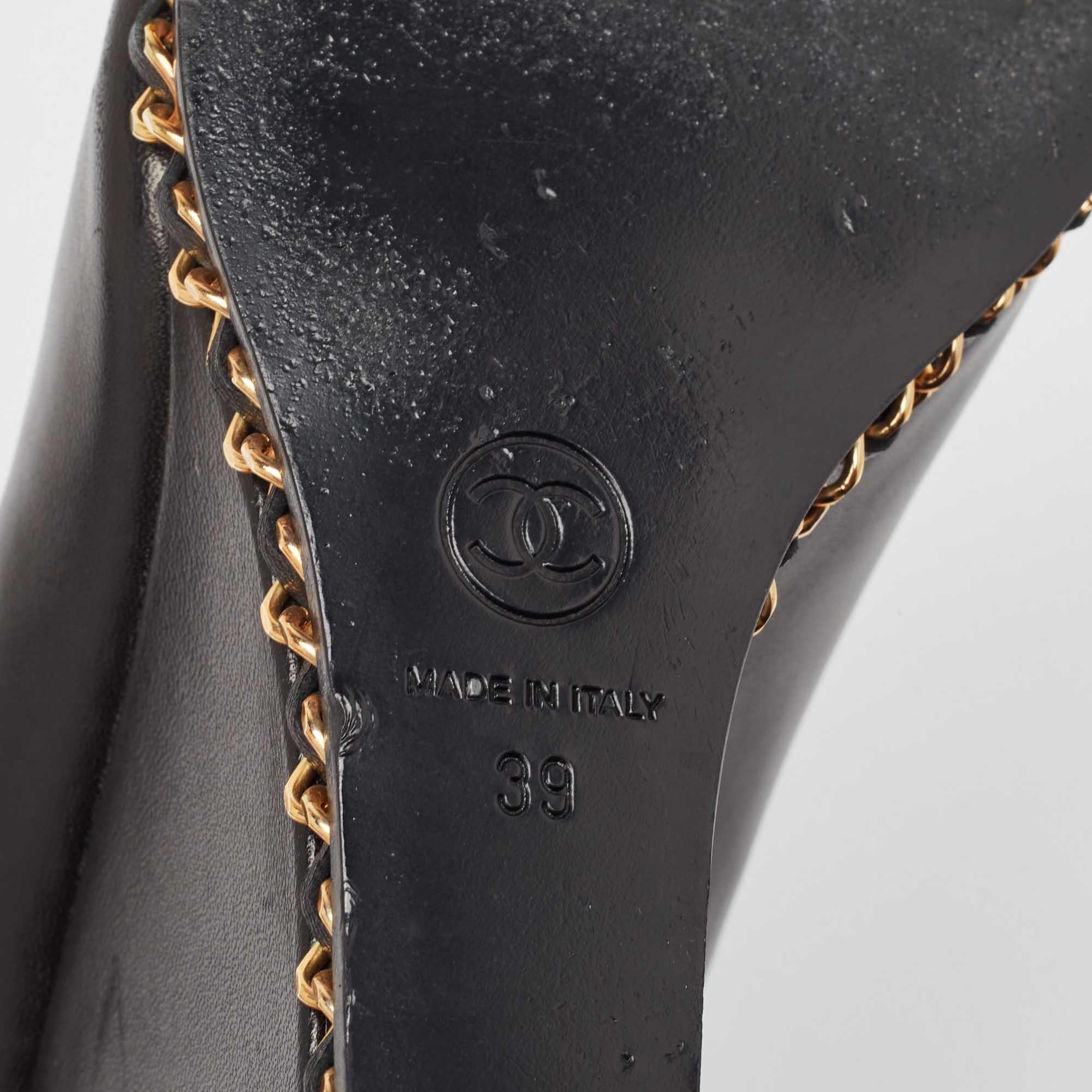 ChanelBlack Leather Chain Me Peep Toe Wedge Pumps Size 39 4