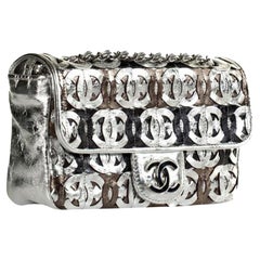 CHANELCalfskin Crackled Laser Etched Flap Gold Silver CC Shoulder Bag