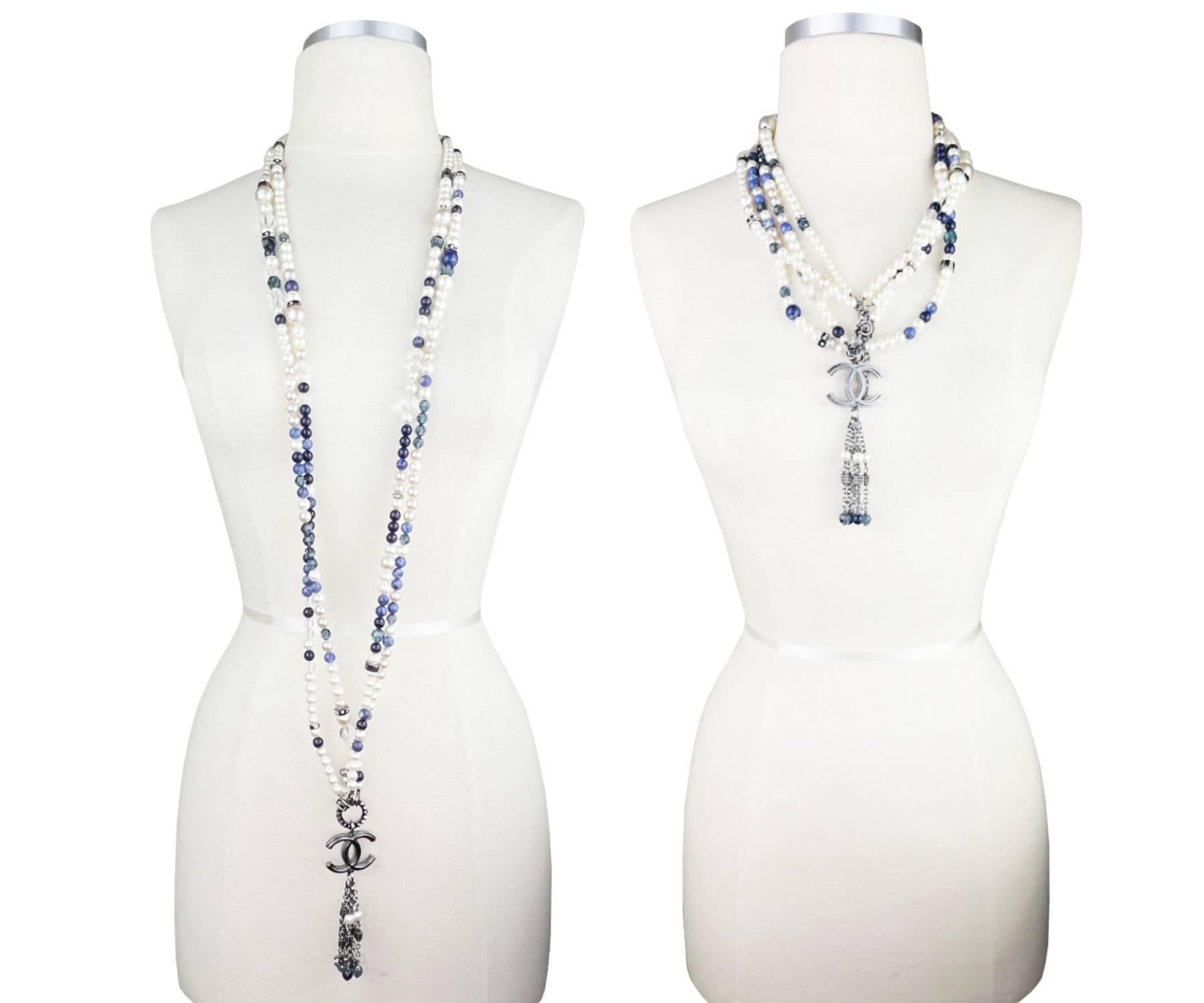 Round Cut ChanelRare Blue Stone Pearl Gunmetal CC Tassel Large Pendant Super Long Necklace For Sale