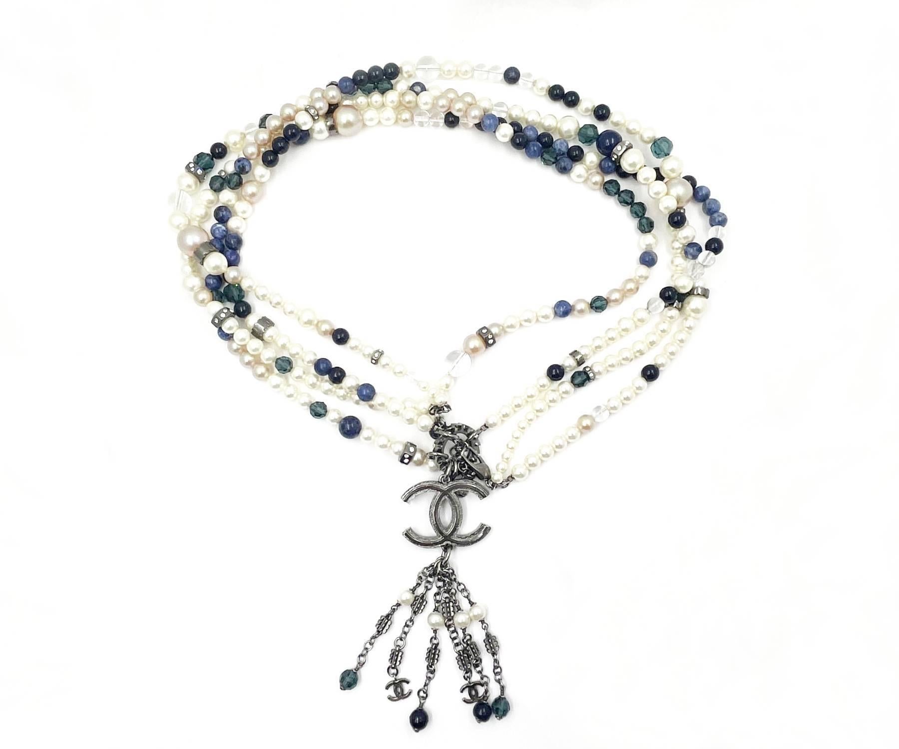 Chanelrare Blue Stone Pearl Gunmetal CC Tassel Large Pendant Super Long Necklace