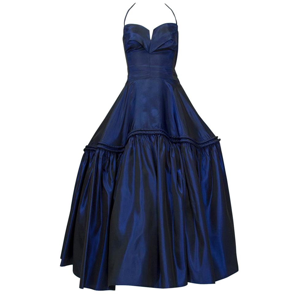 Sapphire Silk Mother Ginger Halter Ball Gown w Pannier Hoop Skirt - XXS, 1950s For Sale