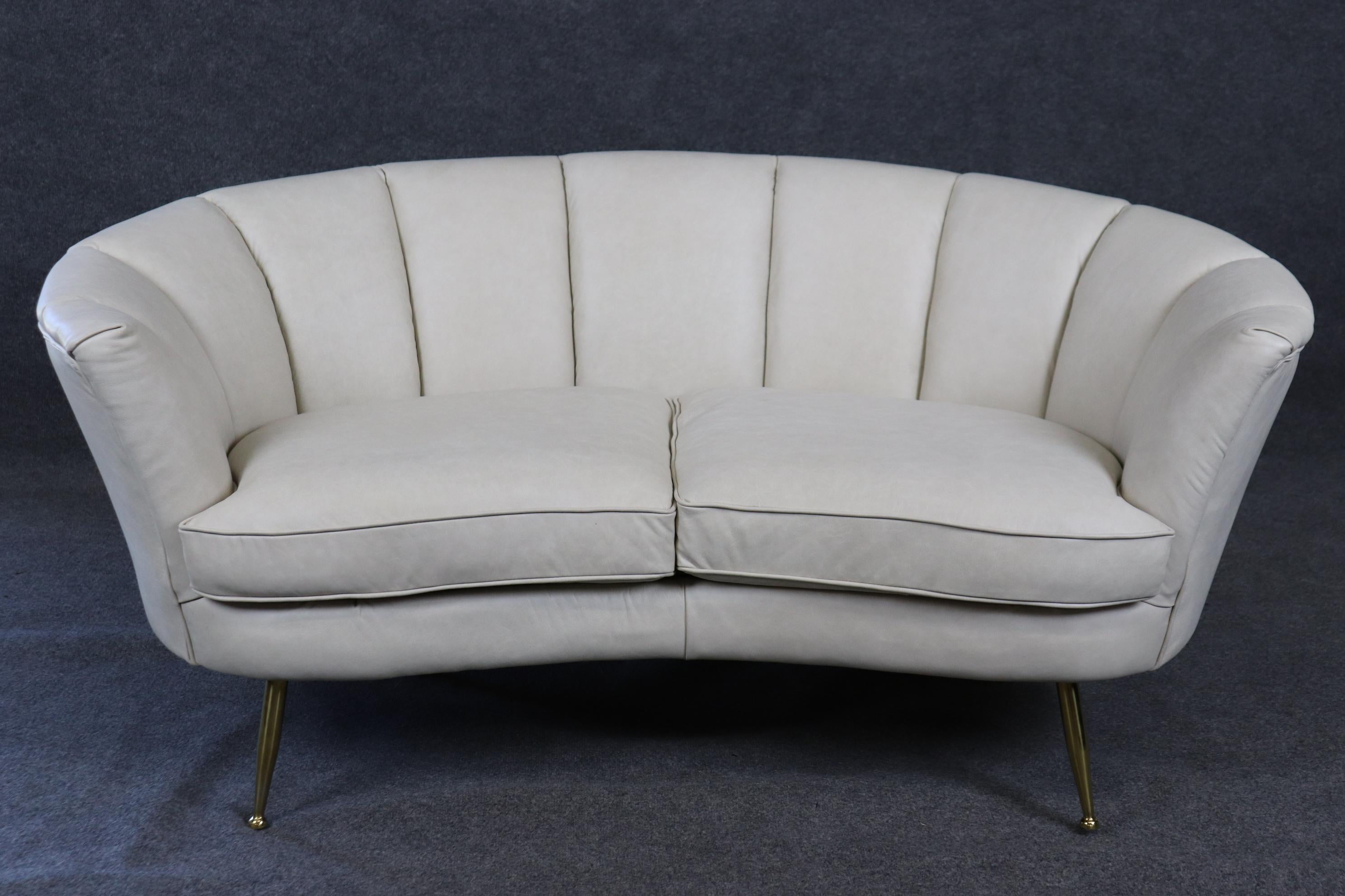 Mid-Century Modern Channel Back Italian Mid Century Modern Genuine Leather Upholstered Settee