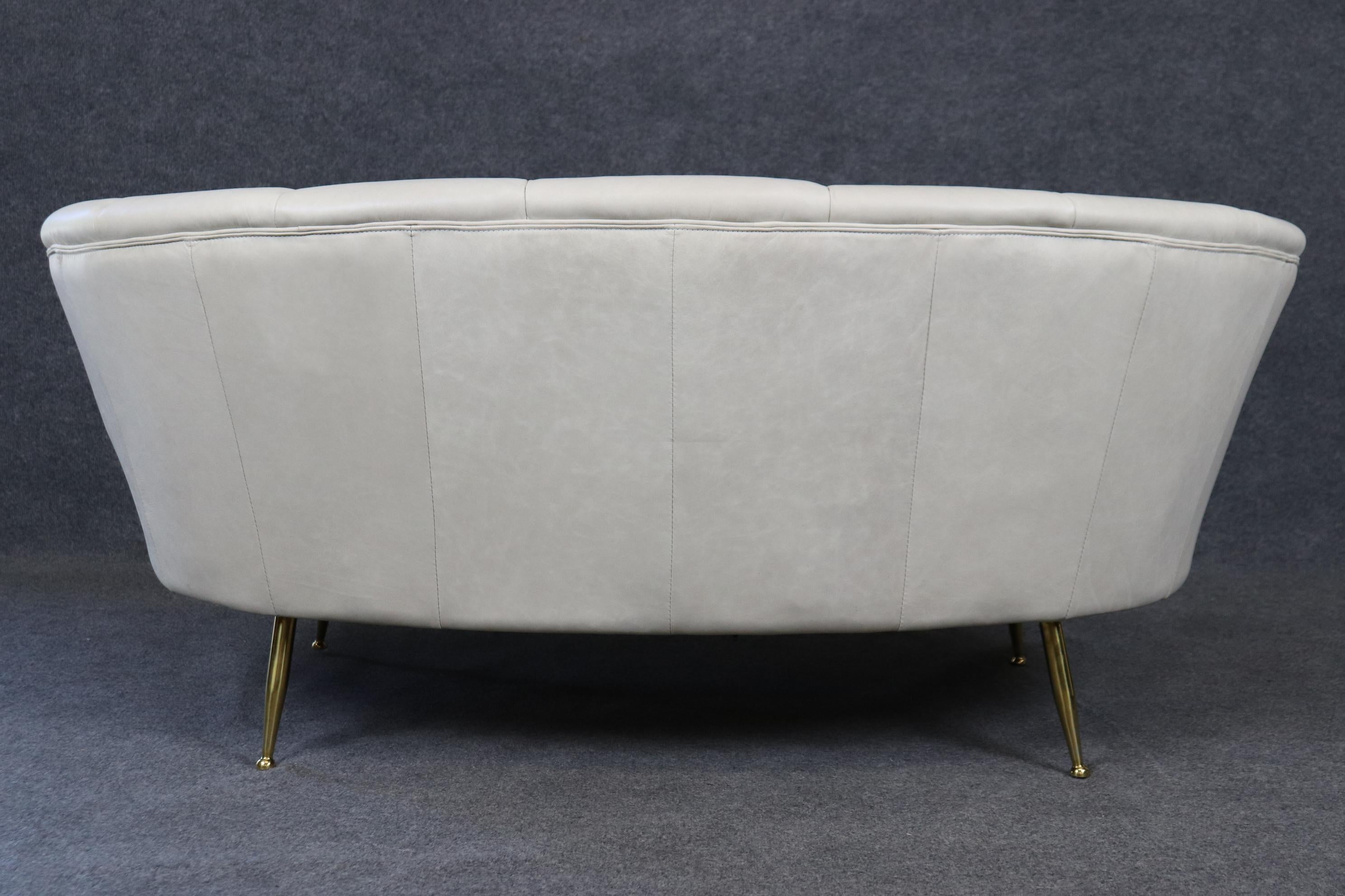 Brass Channel Back Italian Mid Century Modern Genuine Leather Upholstered Settee